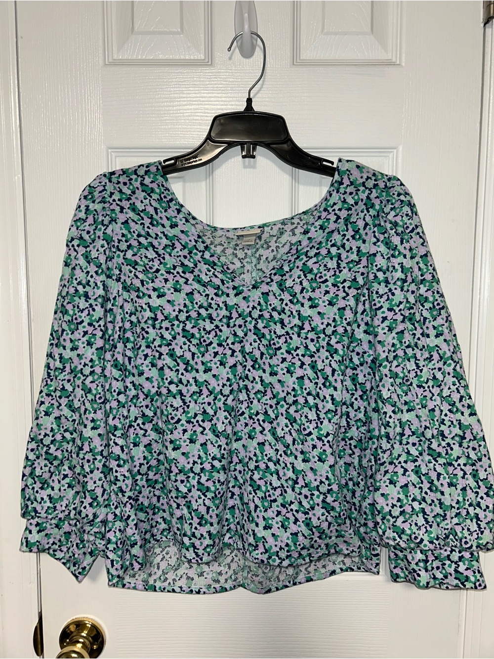 Green & Lavender Floral V-Neck Blouse with puff sleeve